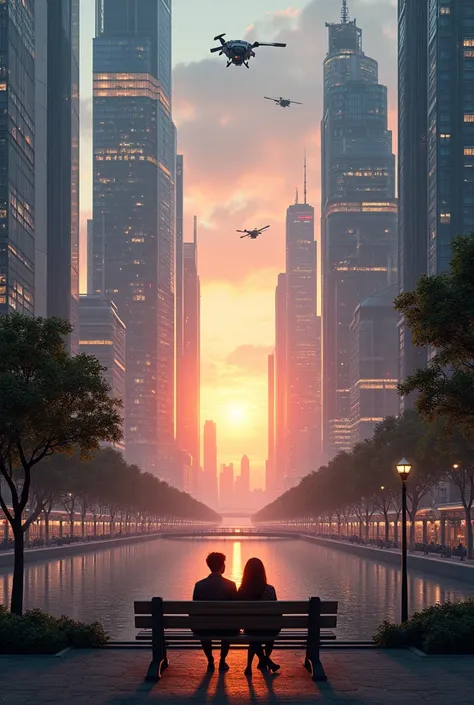 A futuristic city skyline at dusk, with towering glass skyscrapers reflecting the orange and purple hues of the setting sun. Flying cars hover in the sky, and neon lights line the streets below. In the foreground, a peaceful park with trees and a river con...