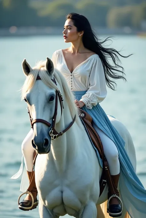 beautiful middleold european woman with long black hair on a beautiful completely white horse, the woman is wearing white and blue clothes, the horse is wearing silver saddle and bride and has a long mane, in the background is water 