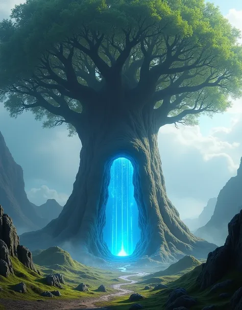 a huge four-legged tree, massive blue portal on the surface of the tree,(best quality,4k,8k,highres,masterpiece:1.2),ultra-detailed,(realistic,photorealistic,photo-realistic:1.37),cinematic lighting,dramatic lighting,fantastical landscape,surreal,surreal e...