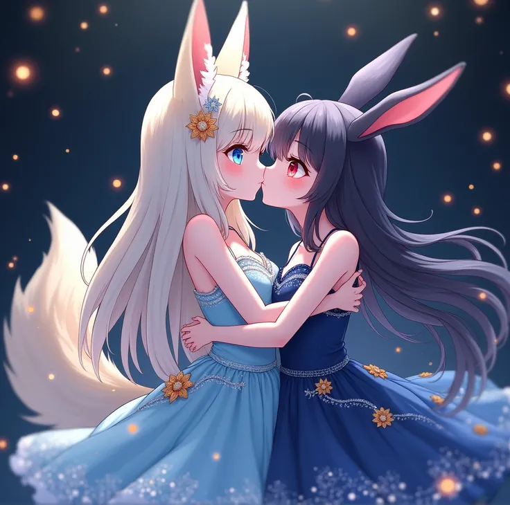 anime style. Tender style, 7-tailed fox girl with long white hair with blonde tones, bright blue eyes, wearing a light blue dress with shiny decorations. Next to a rabbit girl with obsidian hair, with one red eye, and another blue eye, wearing a dark blue ...