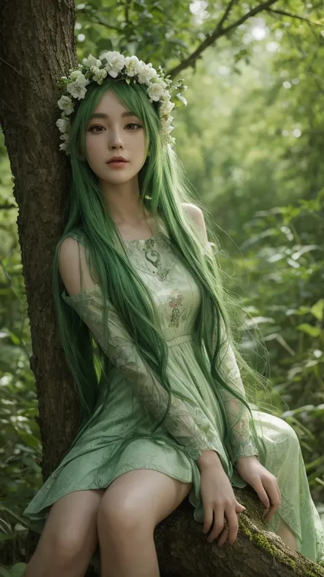 arafed woman with green hair and a flower crown sitting on a tree, a picture by Yu Zhiding, tumblr, renaissance, green flowing hair, very beautiful elven top model, long green hair, green dress, green hair, anime girl in real life, in green forest, light g...