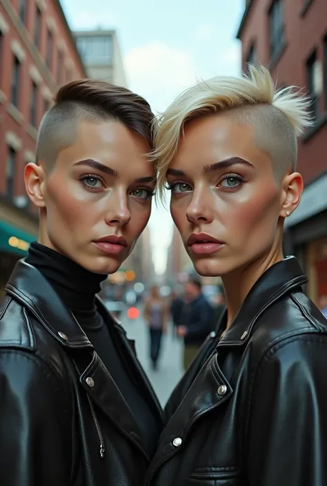 (photorealism:1.2), close up shot of a beautiful 2 woman with crew cut on a street 