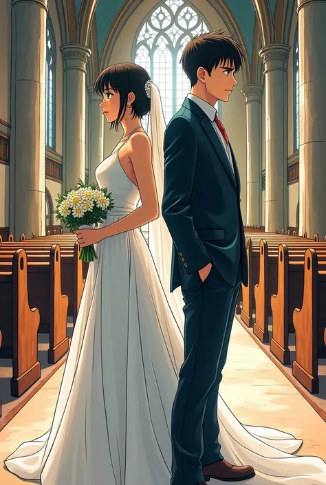 Japanese comic version，A boy in a suit on the left，The bride on the right is wearing a white wedding dress，Back to Back，Background church interior