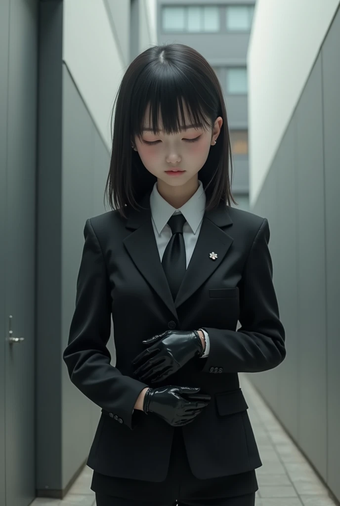 Young girl Japan black suit black tie black gloves stomach ache

