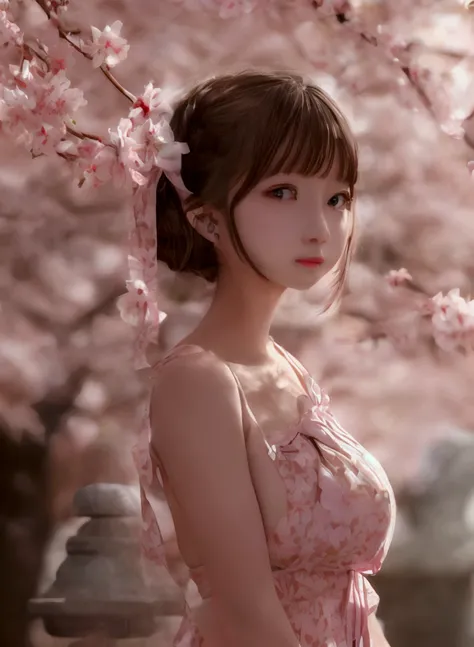 (masterpiece), (Best Quality), (Super detailed) (Very delicate and beautiful)　One Girl　Baby Face Big Breasts　Cherry blossom dress　School drinking fountain　A faint smile　Standing posture　Side view