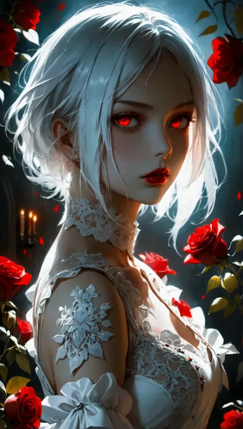 a striking female vampire stands against a dark, shadowy background. she has short, sleek white hair and glowing red eyes that p...