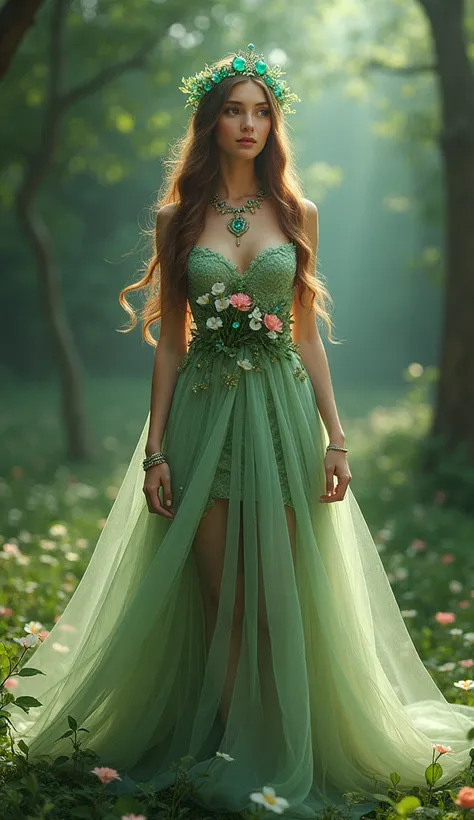 Wearing a floral dress、Beautiful May Queen with emerald tiara and accessories