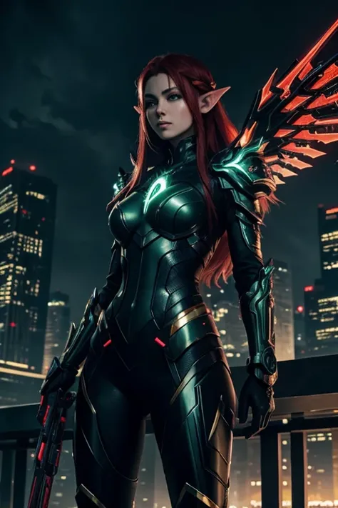 Masterpiece:1.2, ultra high quality:1.2, ultra detailed, dark sci-fi, futuristic, cyberpunk, elf woman, adult woman:1.4, long red hair, pale skin, green glowing eyes, standing in a powerful pose, emerald futuristic armor:1.3, glowing gold accents, mechanic...