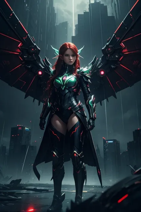 Masterpiece:1.2, ultra high quality:1.2, ultra detailed, dark sci-fi, futuristic, cyberpunk, elf woman, adult woman:1.4, long red hair, pale skin, green glowing eyes, standing in a powerful pose, emerald futuristic armor:1.3, glowing gold accents, mechanic...