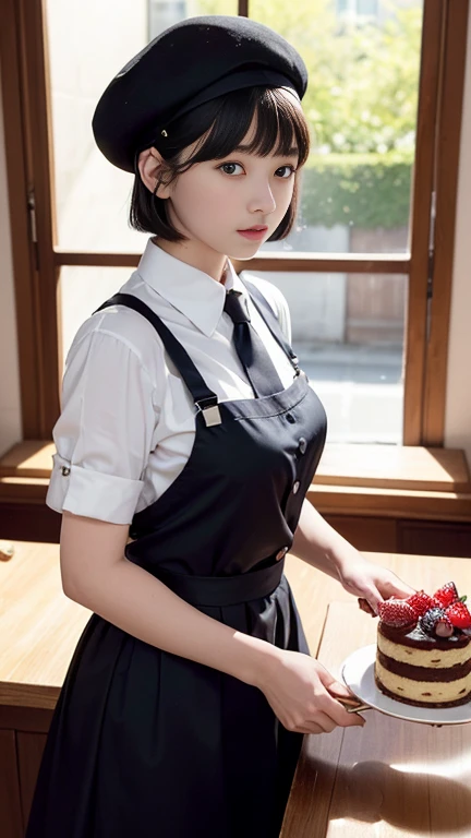 ((Patisserie))、(Cake shop)、masterpiece of the highest quality, High resolution,  1 girl, Alone, Big Breasts、beret, Skirt with suspenders, Black Hair、Bowl Cut Hair、((clerk)), (((Collared shirt)))、Looking at the audience, From below, Looking down on the view...