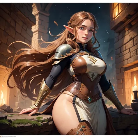 A beautiful village girl with a gentle smile, ((best quality))) (((HD))) (((8k))) (character) 20-year-old girl, ((adventurous)) elf, elf, ((beautiful)), ((brown hair)) and ((very long hair)), ponytail, voluptuous and Chunky Design,fit body, large breasts, ...