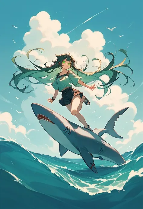 1girl, shark girl, ocean background, green eyes, black long straight hair, bangs