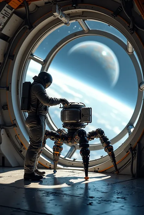 A space worker wearing a powered suit that assists and extends limbs is working inside a spaceships hangar, maintaining a spider-shaped multi-legged machine for constructing a space colony.Outside the window, a gas planet is seen in space. Looking, 8k, dep...