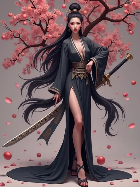 A beautiful girl in white Taoist robes, holding a sword with gorgeous ornamentation in her right hand, standing amidst peach trees, (best quality, masterpiece, highres:1.2), (realistic, photorealistic:1.37), extremely detailed eyes and face, beautiful deta...