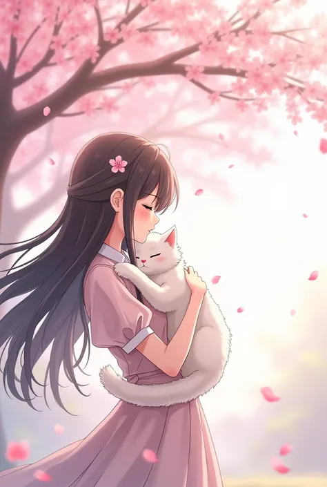 Anime girl with long hair with a white cat in her arms under a cherry blossom tree 