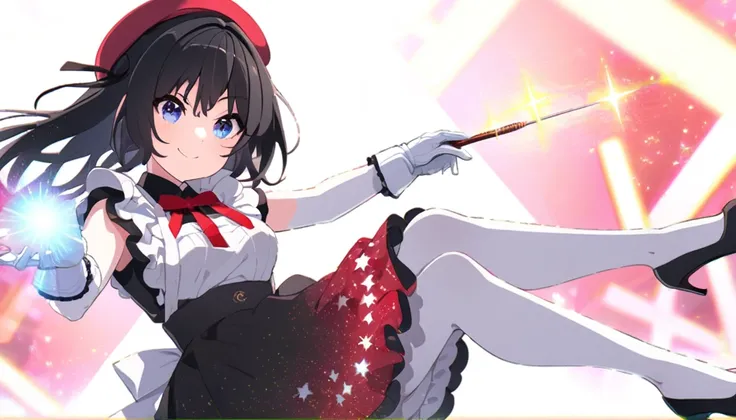 A female maid in a star-patterned skirt jumps and strikes an attack pose with a magic wand in one hand. She wears a red beret and white gloves on both hands. Long black hair, white skin, smiling face, black high heels. White background, starlight effect, f...