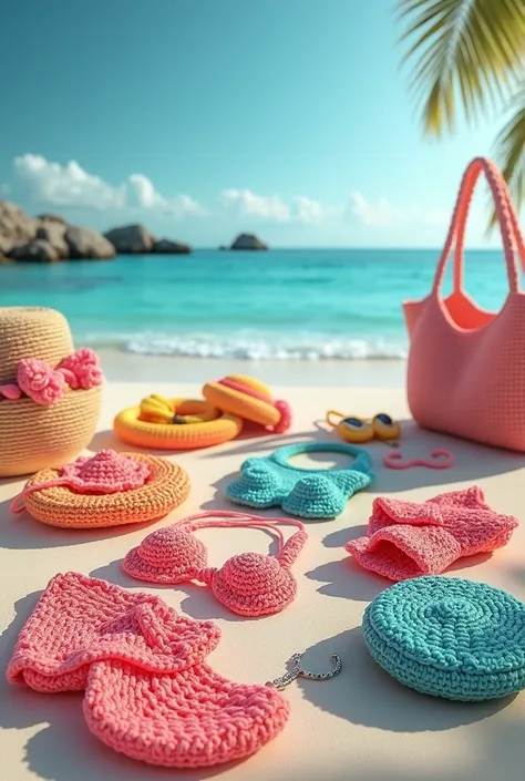 A picture advertising swimming crochet and swimming fashion accessories by vj_crochetthreads but the accessories shouldn’t be placed on people’s bodies and the picture should be realistic 
