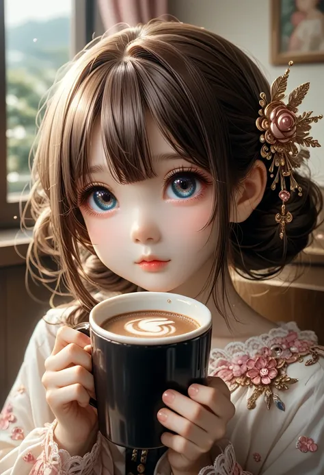 young girl holding a cup of coffee in her hand, sweet girl, sweet-beautiful face, sweet-beautiful-face, Sakimi-chan, What, Yoshitomo Nara, Young cute face, beautiful face of japanese girl, brown hair and big eyes, Sweet beautiful girl, beauty