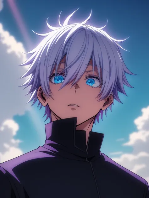 ((High definition, cinematic lighting)), Close-up of face, (white smooth hair:1.1, clear aquamarine eyes:1.1, detailed pupils:1.1, white eyelashes), (looking at camera), Jujutsu Kaisen, Gojo Satoru, unparalleled beauty, (Beautiful man, Slim figure, parted ...