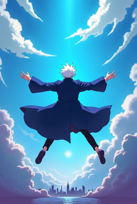 Gojo satoru from jjk, high extremely detailed, unreal engine, A white haired man in the sky horizontally floating freely in the air, young man, a dark blue coat clothes with no blazer, hands wide open freely on both sides, synthwave clouds, man in an open ...