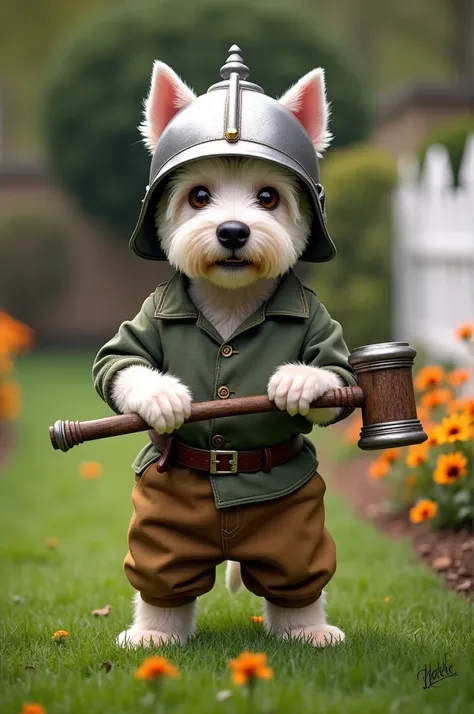 Westie with shirt and pants and steel helmet and club in the front yard