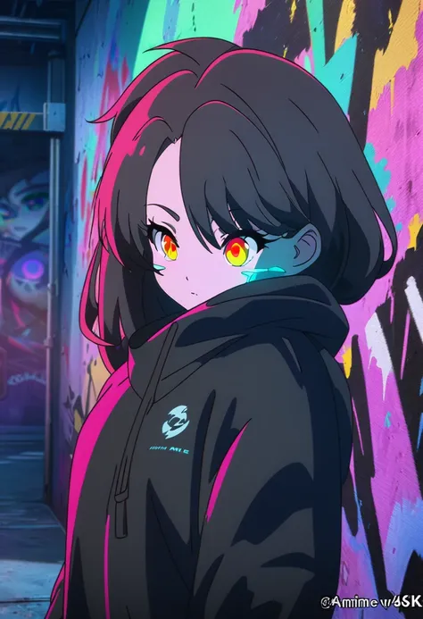 Anime girl wearing a black jacket and black pants standing in front of a graffiti wall, Cyberpunk anime girl in a hoodie, Anime Style 4 k, Anime Moe Art Style, Amazing Anime 8K, Anime Style. 8k, 4k anime wallpaper, anime art wallpaper 8k, anime wallpaper 4...