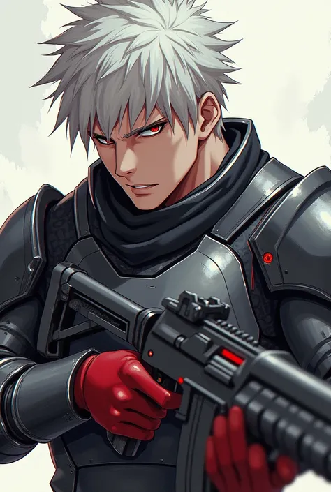 Create anime character gamd handsome man white hair and red eyes, red gloves, wearing metal armor with his arm and holding AK gun