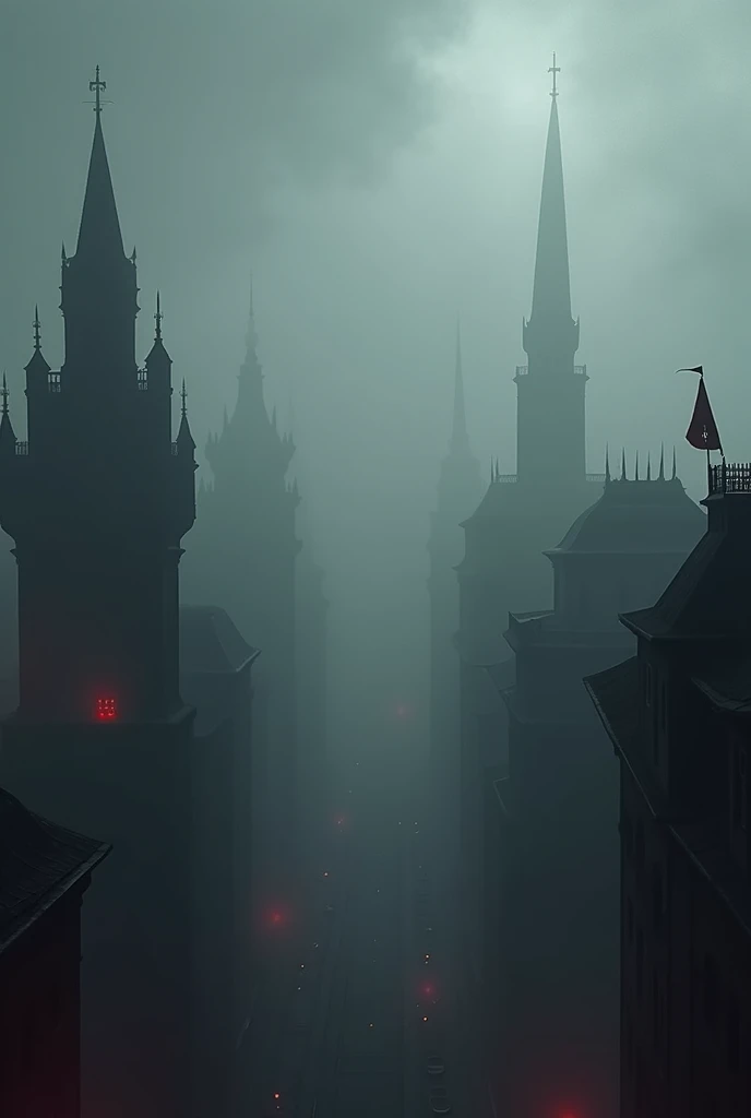 Create a dark and atmospheric background for the inner spine of the book “The Path to Nowhere.” The design should feature a silhouette of Saint Petersburg’s iconic architecture, with shadowy buildings emerging from a thick fog. Use a color palette of deep ...