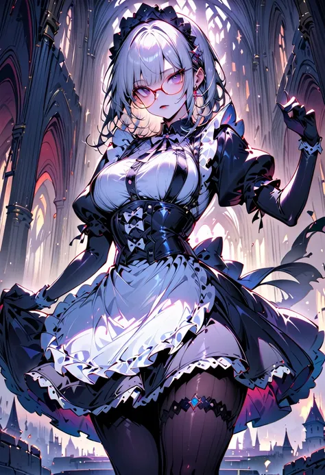 Young beautiful woman,(Best Quality,Extremely detailed depiction,Incredibly absurd high definition,Anatomically accurate,Curvy Legs,Shiny skin,Porcelain-like skin),(Black and white gothic maid outfit,Maid Skirt,corset,Black tights),eyelash,(Gray Hair,Black...