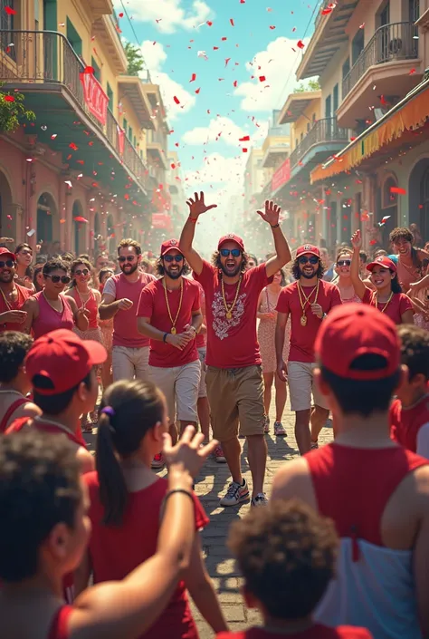 Create an image depicting a crowd of people interacting and cheering, with samba musicians playing in the foreground. The crowd should be joyful and lively, dressed casually with some wearing red and white elements. The background can have a festive street...