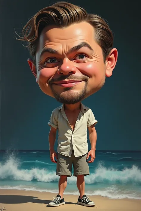 Realistic 4D caricature, big head, a handsome man, Leonardo Dicaprio, beach shirt, shorts, shoes, black and blue gradient detailed UHD 16K oil painting