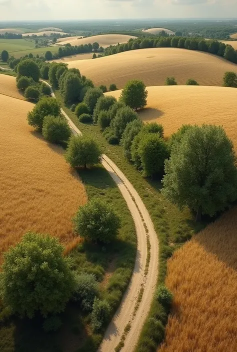 top down photo of a france 1944 landscape, with paths, trees and wheat fields