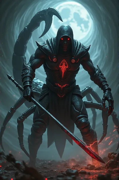 Make me a scorpion throwing his harpoon with the noob saibot clothing style from mortal kombat 11