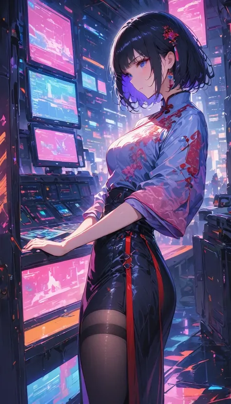 (Highest resolution, Clearly_image), best quality, masterpiece, Very detailed, semi-realistic, Black short hair, Commander Cheng in Hanfu, triple bangs, Black, Black pleated skirt, , spaceship space, control room, cyberpunk