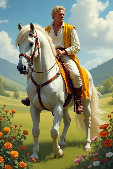  middleold european man with blonde hair sitting on a beautiful palomino horse, the man is wearing white and yellow clothes, the horse is wearing just a colorful blanket on the back and bride and has a long white mane, in the background is a green field wi...