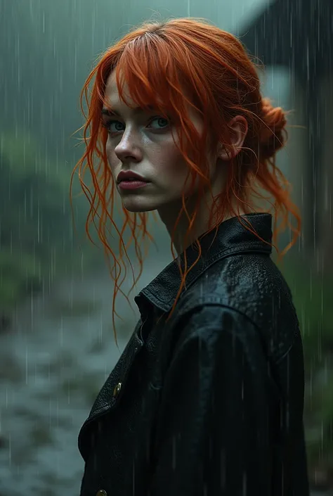 A woman, red-haired, in the rain, wearing a jacket, wet clothes, rain falling ,feeling cold

