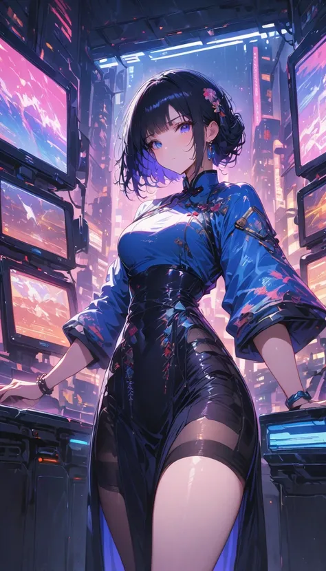 (Highest resolution, Clearly_image), best quality, masterpiece, Very detailed, semi-realistic, Black short hair, Commander Cheng in Hanfu, triple bangs, Black, Black pleated skirt, , spaceship space, control room, cyberpunk