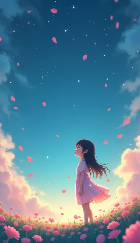 2D anime cute Chinese style girl，Shoot from above，wide angle lens，landscape，blue sky，Star，Stargazing，Flowers swirling in a circle of pink roses，Innocence，漂亮的淺色衣服 天空中閃亮的Star，衣服上閃亮的Star，Star塵底色螢光粉綠漸變色 半透明糖果色調，medium saturated tones，natural light CG,C4D Octan...