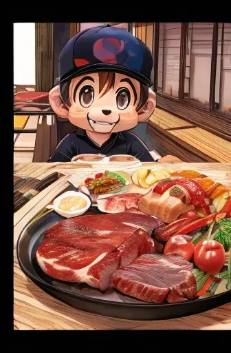 comics、Japanese Manga、The scene where they talk about meat、Comical werewolf in a long-sleeved black shirt、Delicious meat appears before your eyes、Happy Face、smile、cute、Use colors to draw the meat