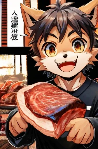 comics、Japanese Manga、The scene where they talk about meat、Comical werewolf in a long-sleeved black shirt、Delicious meat appears before your eyes、Happy Face、smile、cute、Use colors to draw the meat