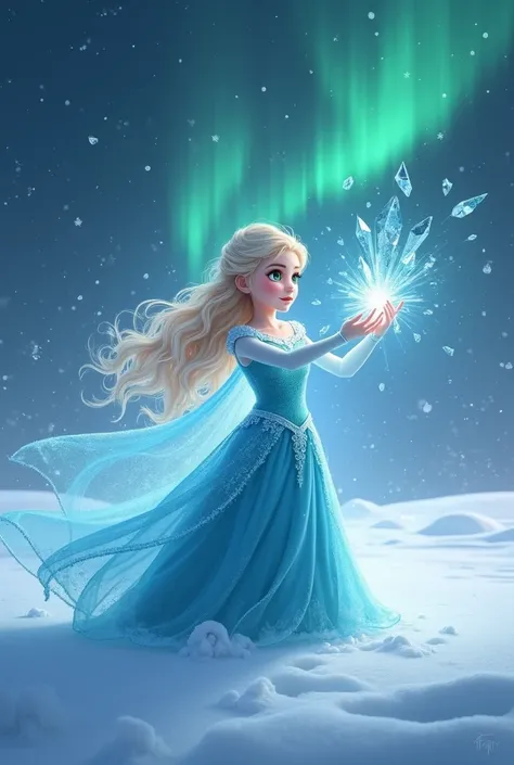 "A young blonde girl with long, flowing hair and vibrant green eyes, standing in a snowy, frozen landscape. She is wearing an elegant ice-blue dress, similar to Elsas style, and is surrounded by a magical aura of snowflakes and frost. Her hands are raised,...