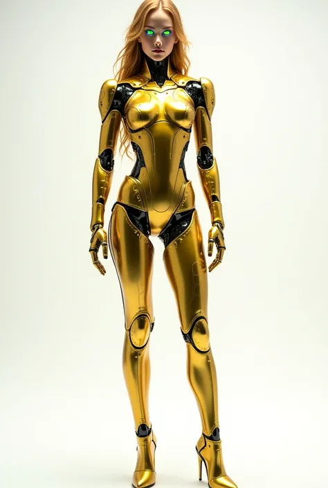 A robot girl with matte gold metallic skin. Dressed in a bright turquoise robot suit. Model figure with a waist, human proportions of a woman. Stands on the ground at full height. Looks like a real person. Luxurious body and beautiful face with slanted eye...