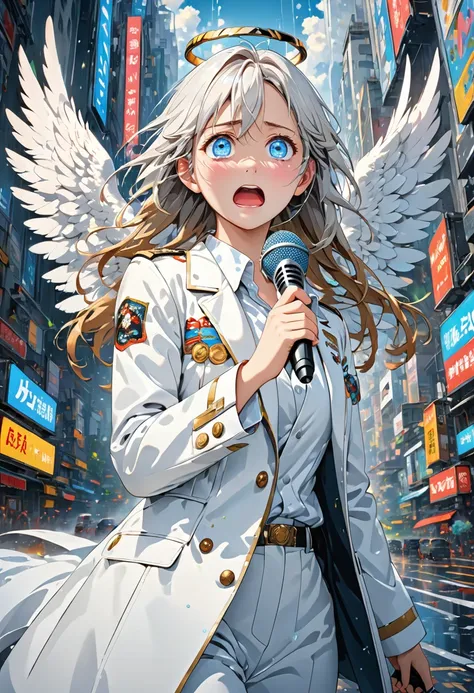 score up_9,score up_8,score up_7,source_anime,rating_safety,masterpiece,best quality,super fine illustration,hyper detailed,8k,front view,dynamic angle,BREAK White mashroom hair,White girl,White eyes,(Crazy Eyes:1.3),White coat,White suits,solo,Angel Halo,...