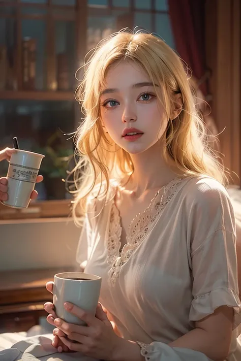 masterpiece: 1.2, Portraiture, Best Quality), Realistic, (live-action, intricate details, Written boundary depth), Best Quality, masterpiece, Attention to detail, semi-Realistic, 朝にDrink coffee , shy, 2, Short blonde, blue eyes, blonde、 Slim figure、Shoulde...