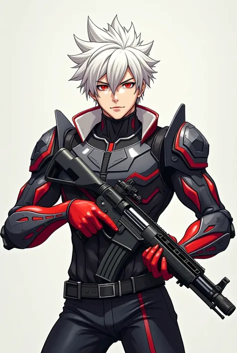 Create anime character game handsome boy white hair and red eyes, red gloves, wearing metal armor with his arm and holding AK gun, whole body