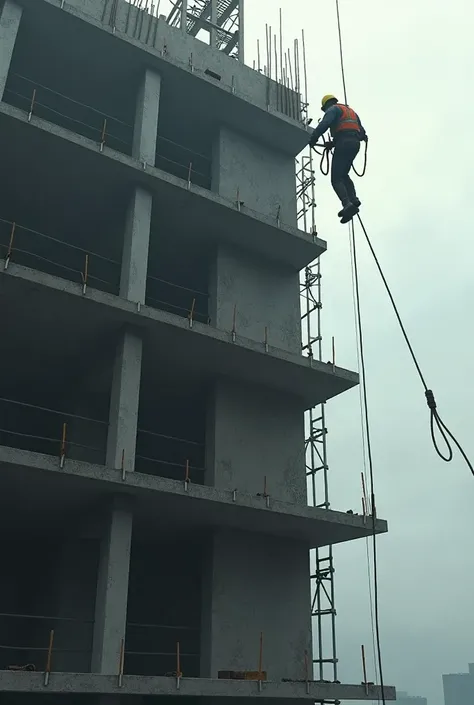 an image of a side of a building in construction, we only see the last three floors from outside with a man that seemed falling but which is attached at the top of the building with a rope and few meters next to him a rope falling from the top of a buildin...