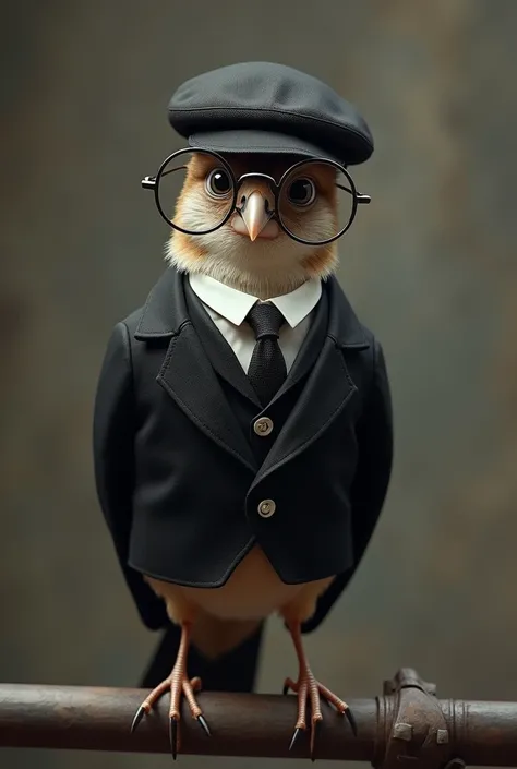 (photorealism:1.2), creaye a pic sparrow wearing a black suit & cap & glasses standing on a rod