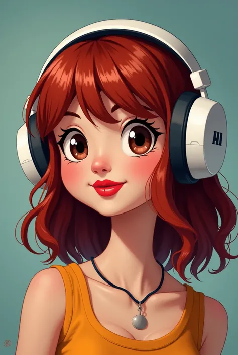 Disney style, young adult, gamer with shoulder length hair and dark red, brown eyes, red lipstick, with a white headphone on his head, chubby face