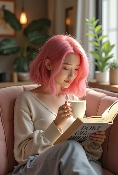 Healing Images、Pink-haired woman drinking a latte on a sofa、While reading a book、
Stylish Cafe、
