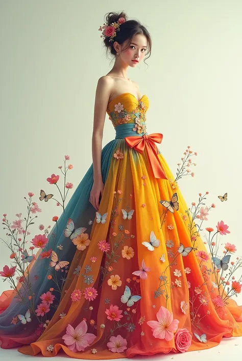 woman full body dress fashion gown colorful flowers with bow with butterflies 4k